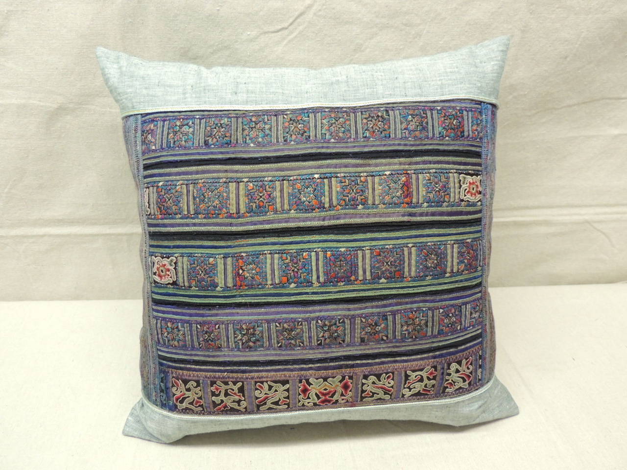 Antique Textiles Galleries:
Vintage Silk Stripe Embroidery Miao Decorative Pillow
Large pillow has a strike blue linen frame and backing.  This throw pillow depicts tribal embroidery design typical of the tribe hills in Asia. Decorative pillow