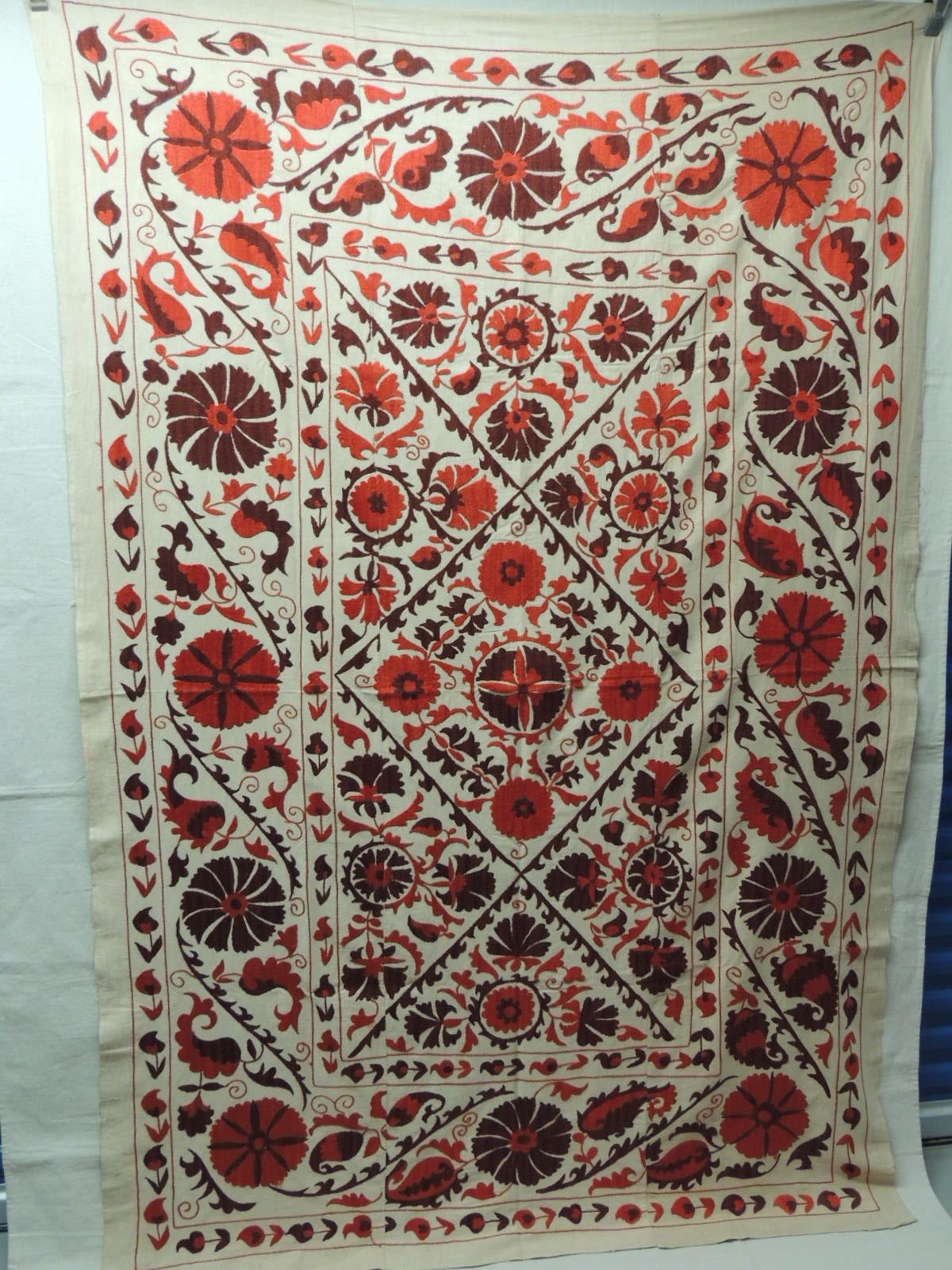 Uzbek Vintage Embroidery Deep Orange and Brown Floral Suzani Large Textile