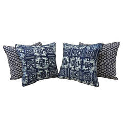 Vintage Set of Four Indigo Hand Blocked Waxed Indigo Pillows