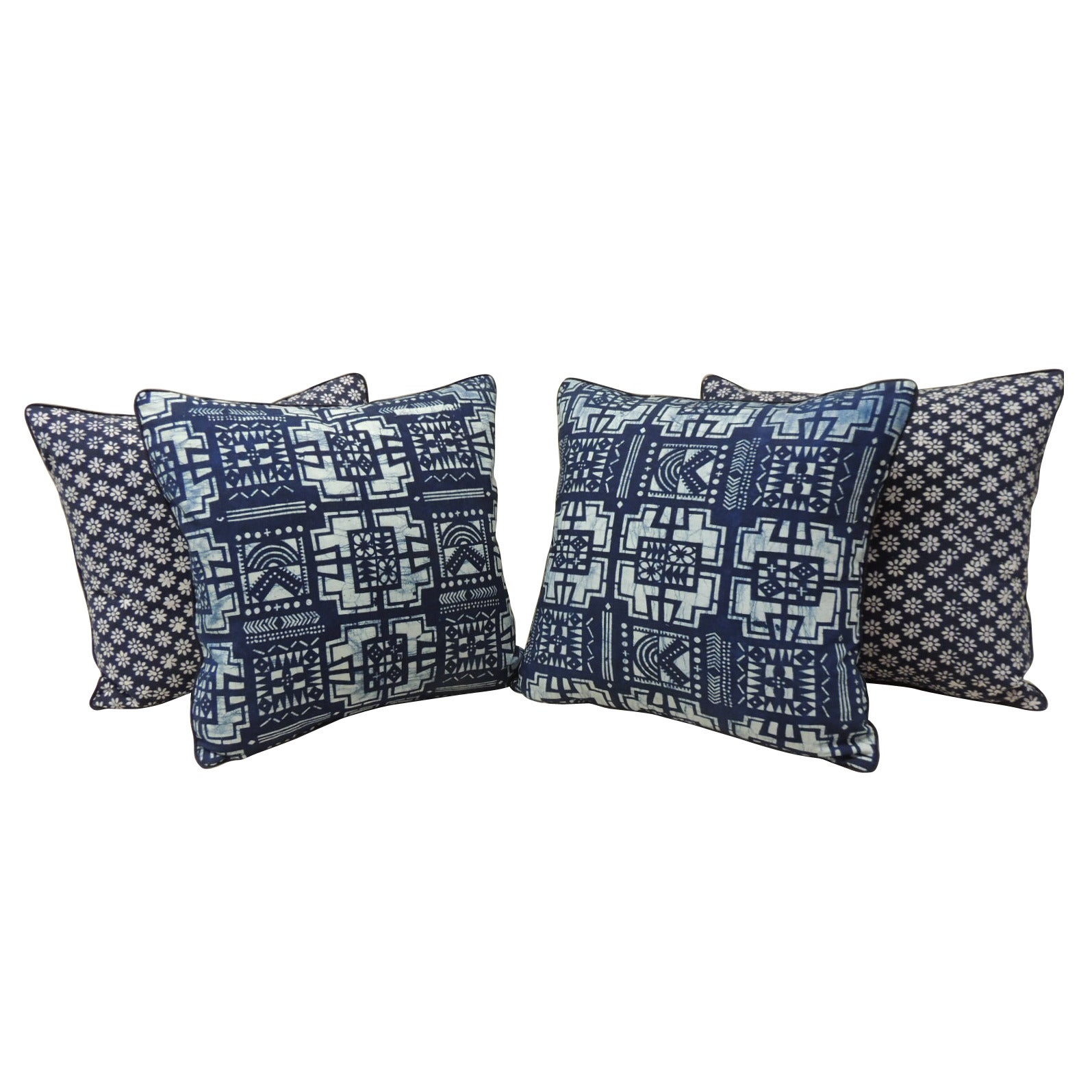 Set of Four Indigo Hand Blocked Waxed Indigo Pillows