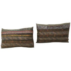 Pair of Asian Metallic Threads Embroidery Chinese Miao Lumbar Pillows