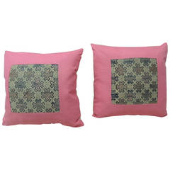 Vintage Pair of Pink and Blue Woven Linen Chinese Miao Decorative Pillows