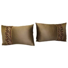 Pair of Brown Metallic Embroidery Miao Silk Lumbar Pillows