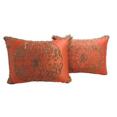 Pair of Chinese Orange Silk Embroidered with Metallic Threads Pillows