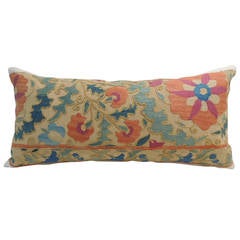 19th c. Teal & Orange Suzani Lumbar Pillow.