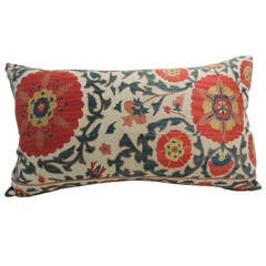 Orange Floral Embroidery Suzani Bolster Pillow.