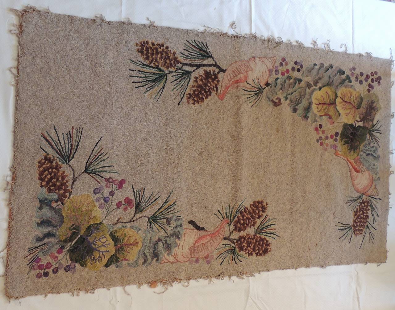 Large Antique Hook Rug with Pine Cones and Sea Shells