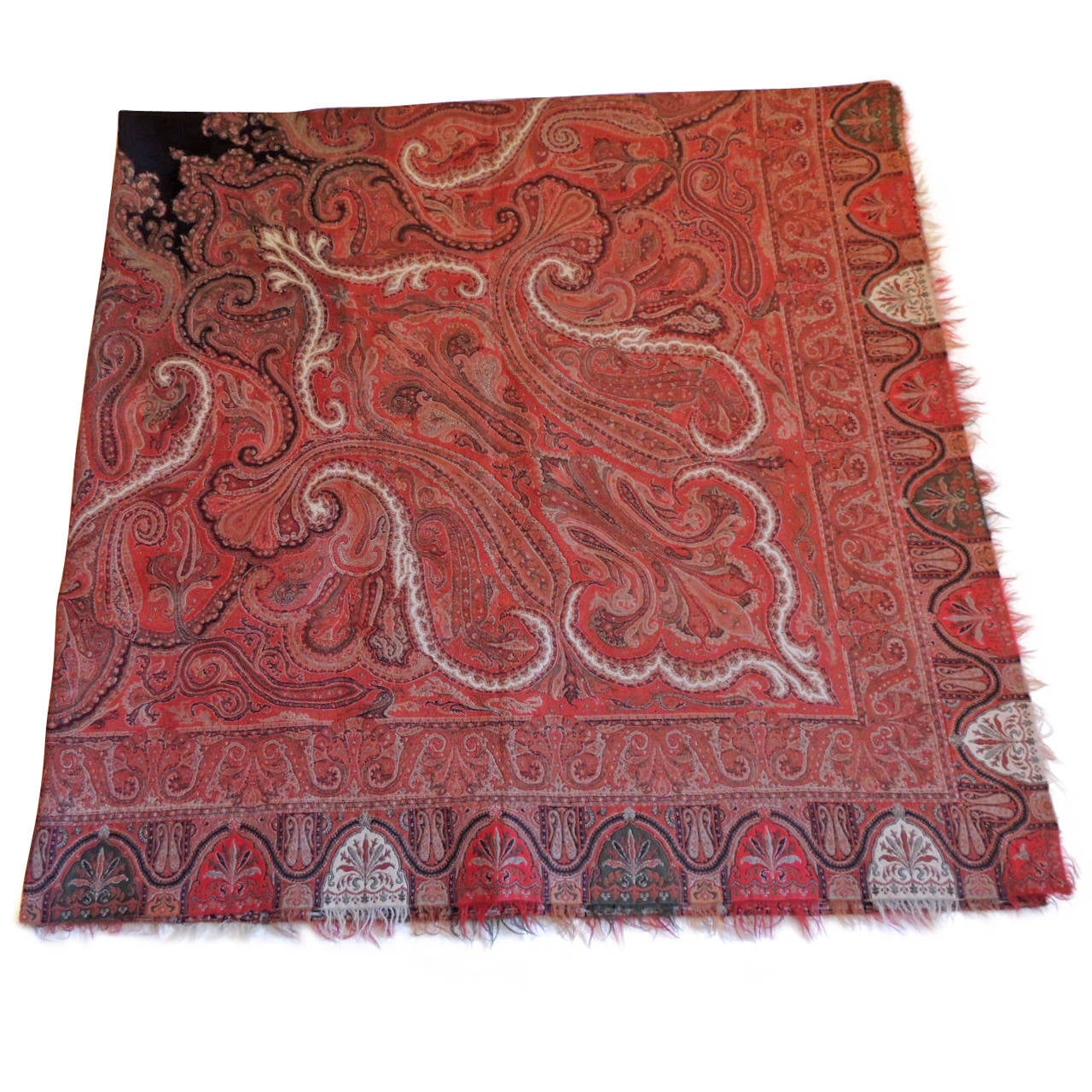 Large Kashmir embroidered paisley coverlet, throw, cloth or shawl with dark wool and backing, boteh border all around. Needlework technique known as Rafugar;
Separately woven and joined to the field, center medallion in dark wool. Predominately in