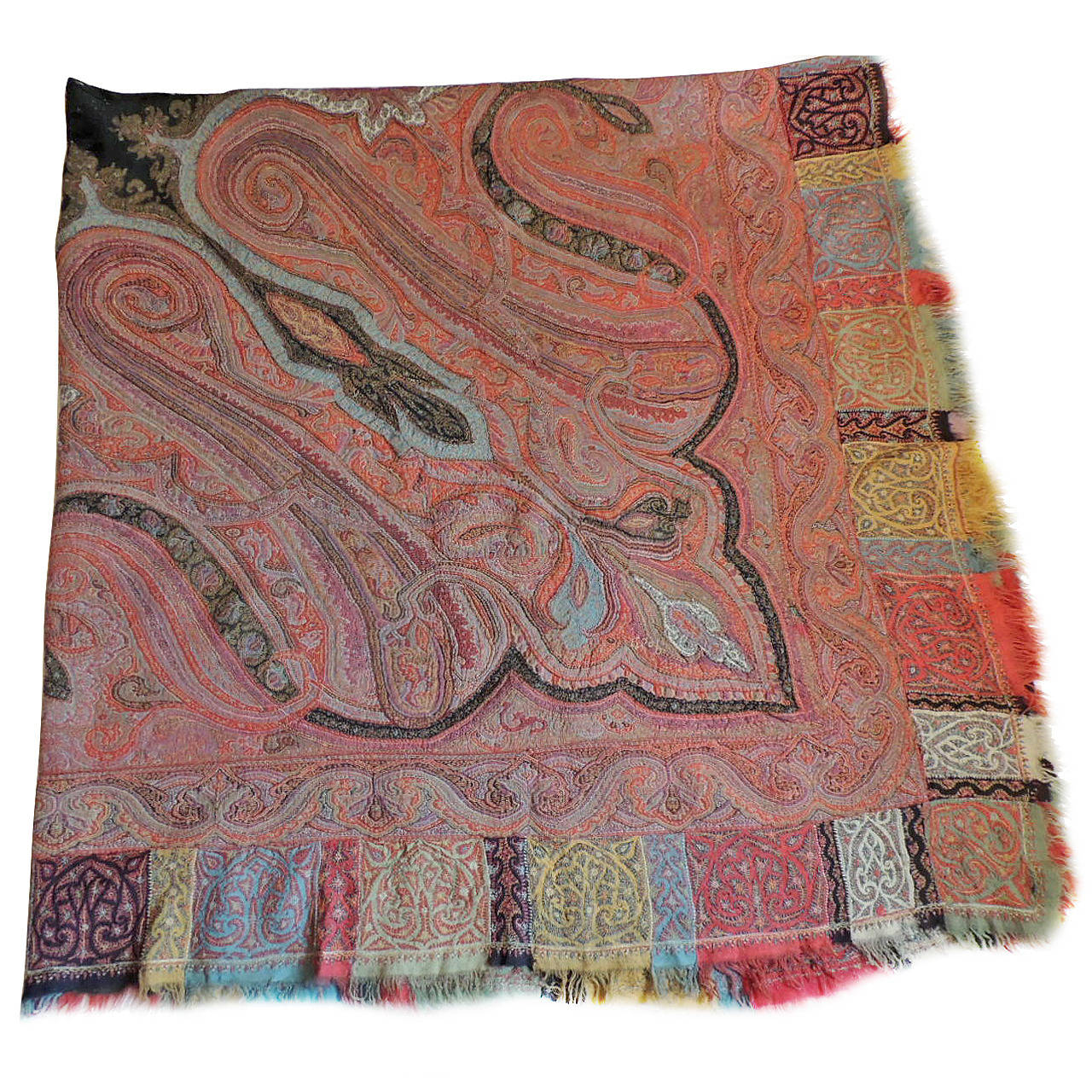 Antique Textiles Galleries:
Large Kashmir embroidered paisley coverlet/throw/cloth/shawl with dark wool and backing; boteh border all around. Needlework technic known as Rafugars;
Separately woven and joined to the field, center medallion in dark