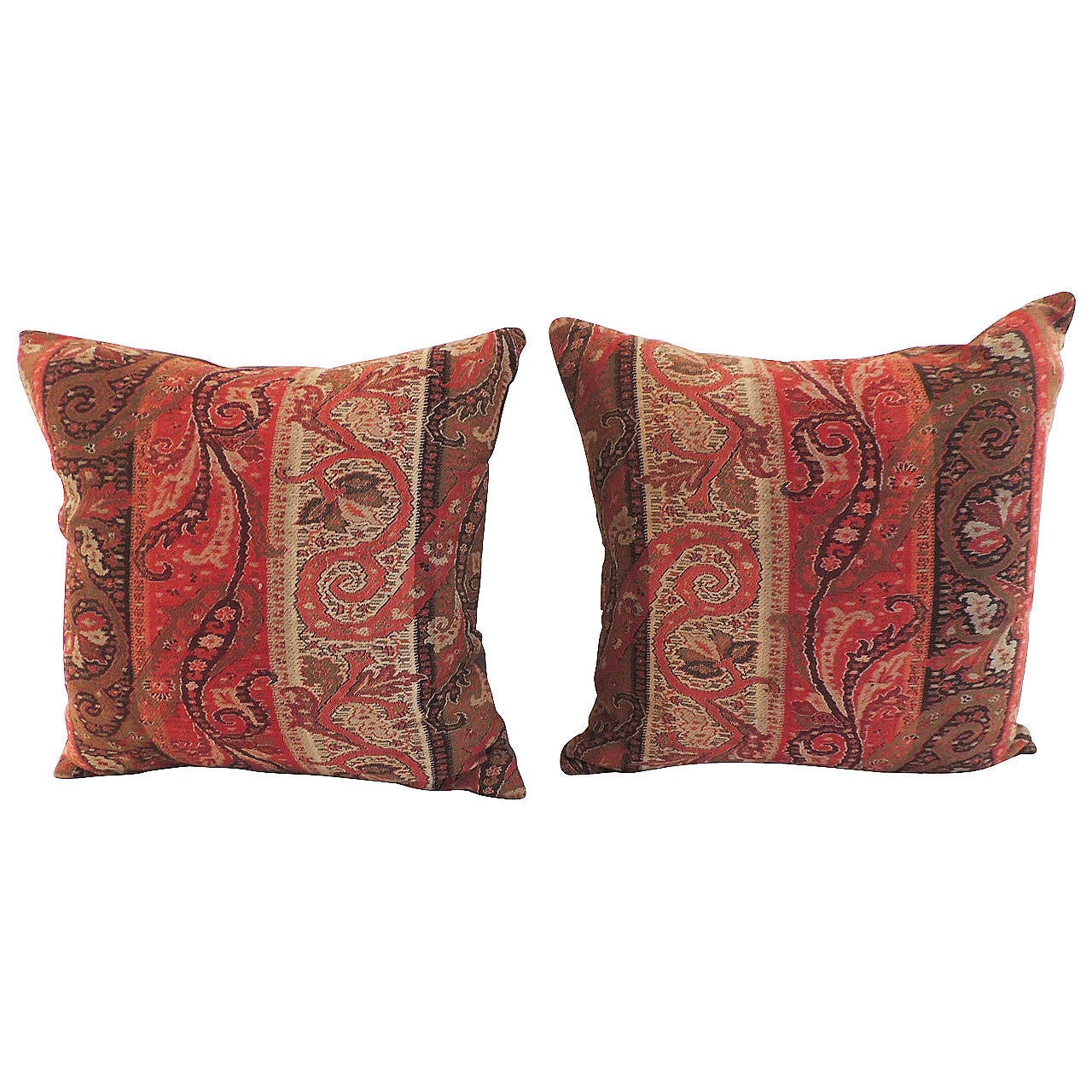 Pair of Antique Textile Stripe Kashmir Red Paisley Pillows at 1stdibs