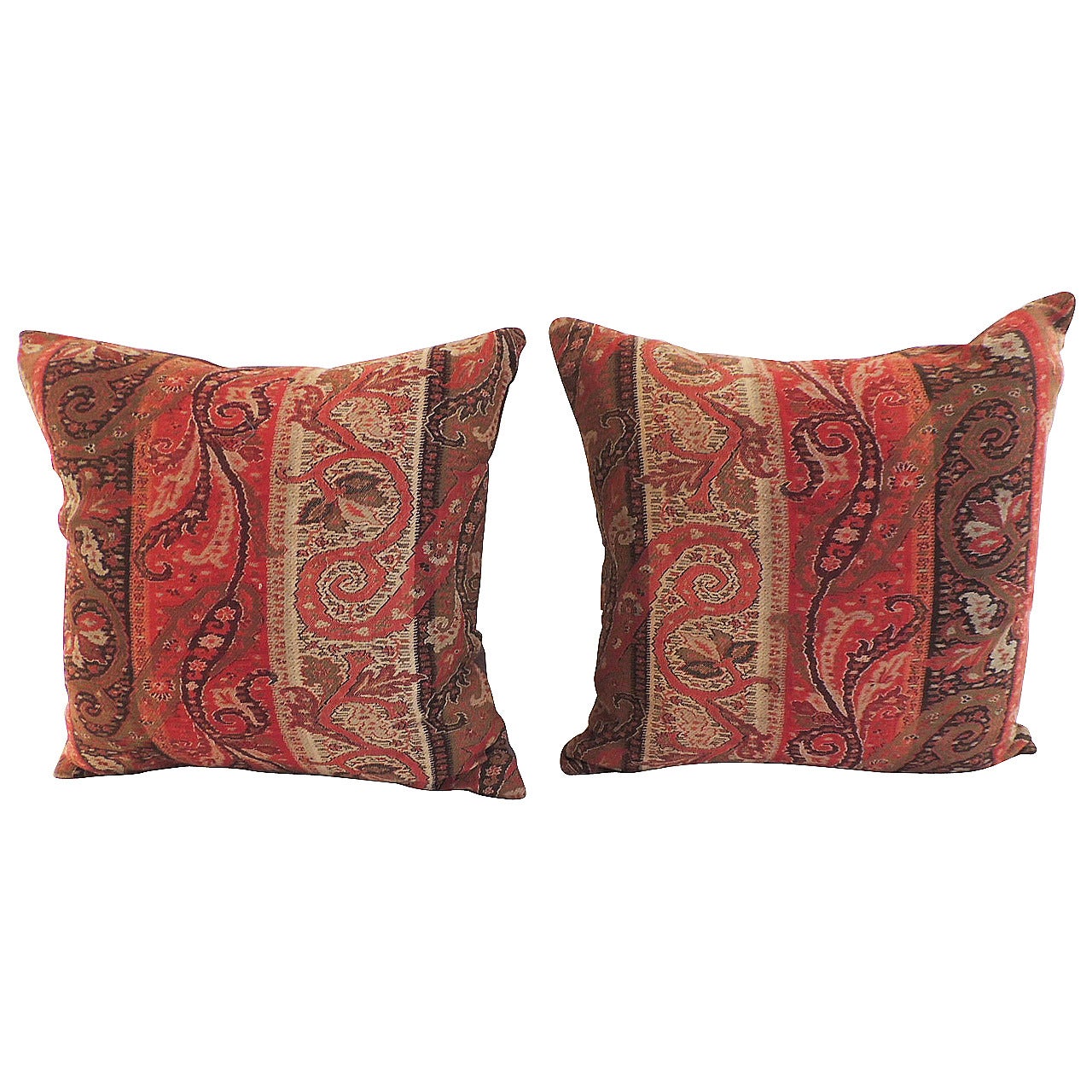 Pair of Antique Textile Stripe Kashmir Red Paisley Pillows