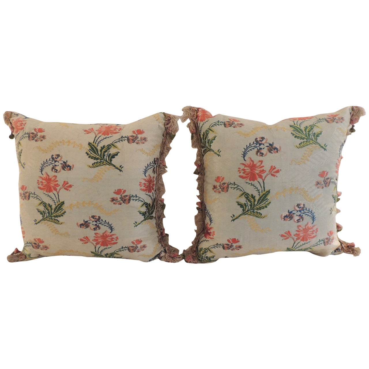 Pair of Antique Silk Brocade Floral Decorative Pillows 
