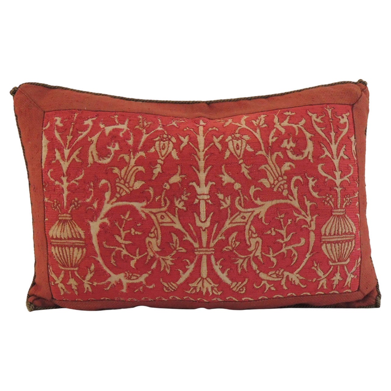 Red Linen Embroidery Lumbar Pillow at 1stdibs