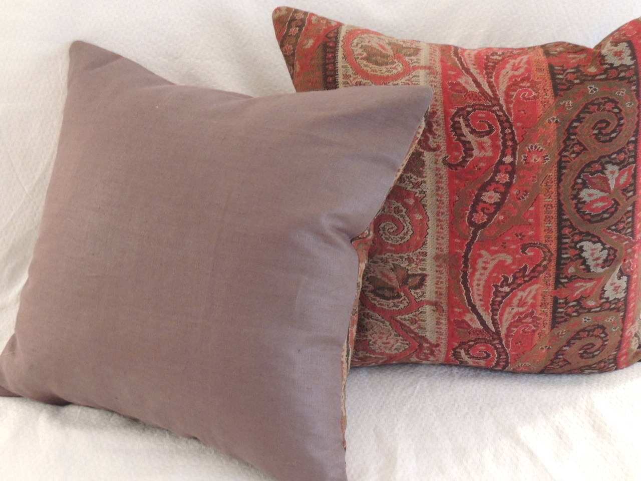 Anglo Raj Pair of Antique Textile Stripe Kashmir Red Paisley Pillows