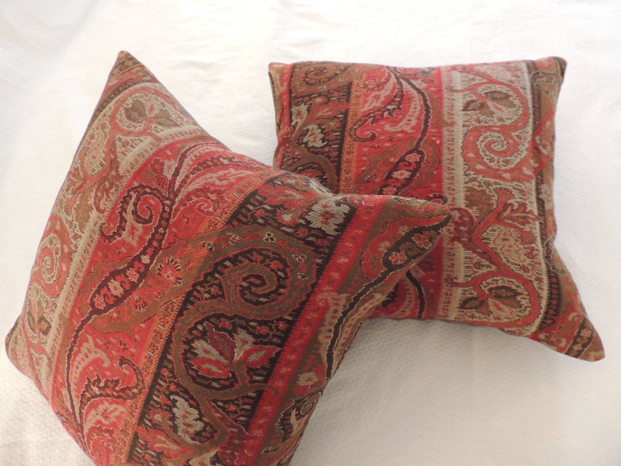English Pair of Antique Textile Stripe Kashmir Red Paisley Pillows
