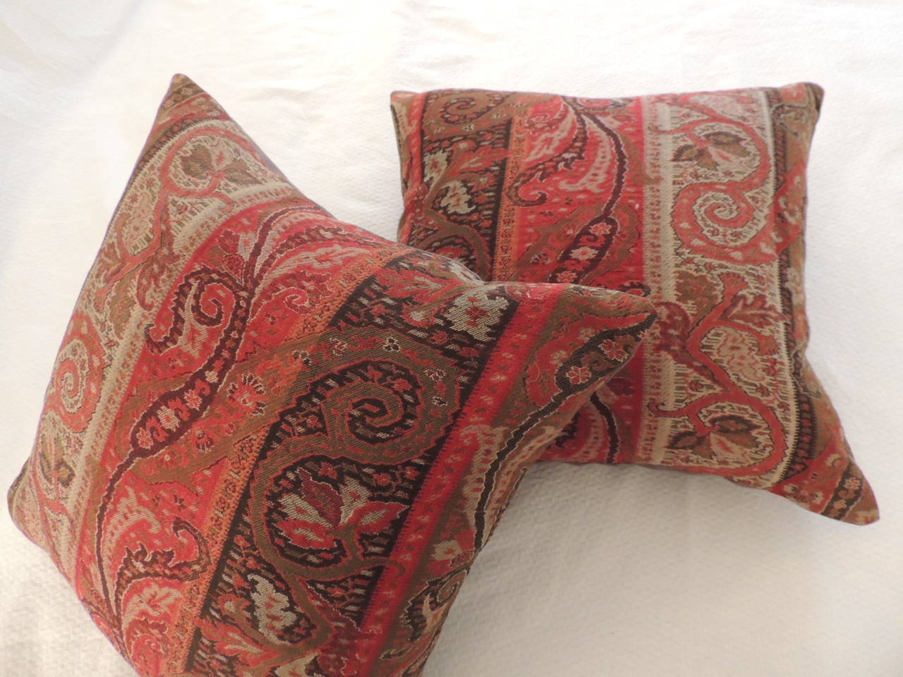 Pair of Antique Textile Stripe Kashmir Red Paisley Pillows at 1stdibs