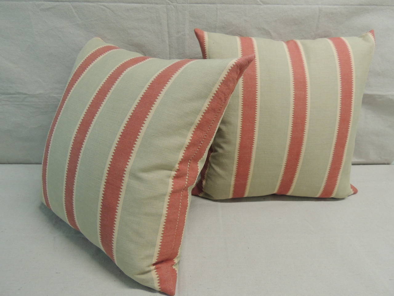 French Provincial Pair of Red and Green Bennison Stripe Fabric Pillows