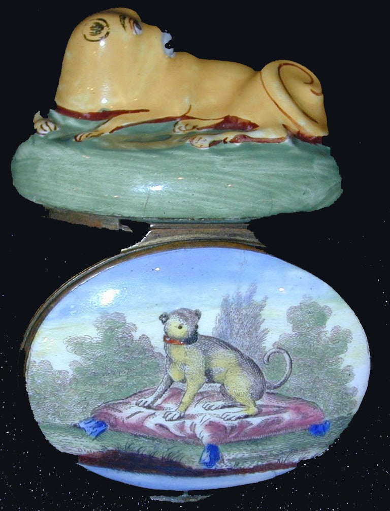 Georgian Antique Bilston Enamel Box of a Pug