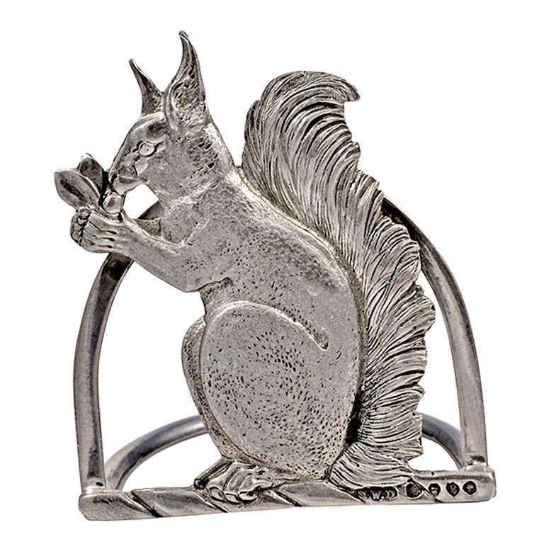 John Willis Dixon Antique Sterling Silver Squirrel Menu Holder For Sale