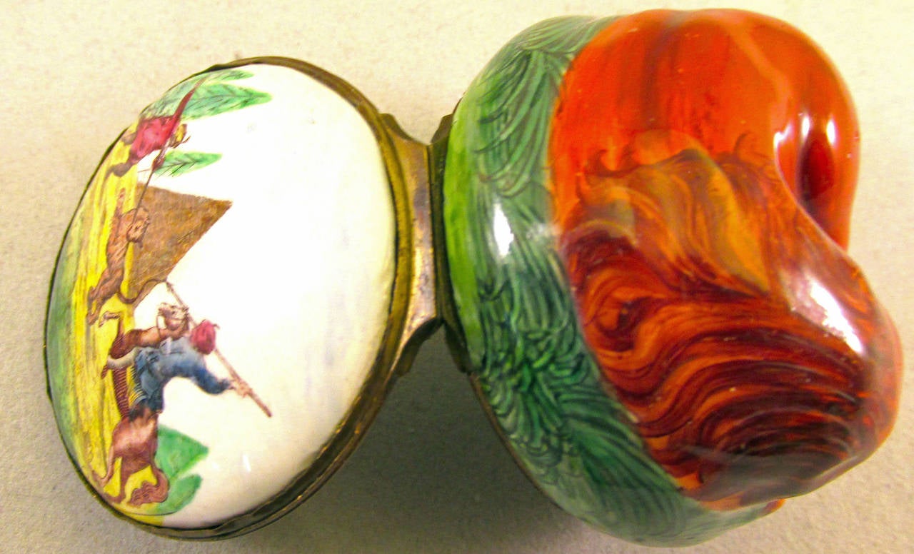 English Antique Bilston Enamel Lion Bonbonniere