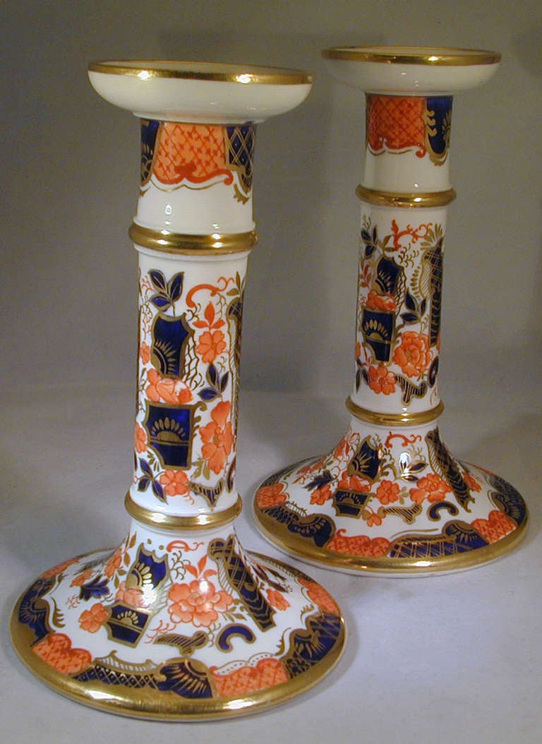 British Antique Pair of Porcelain Imari Pattern Candlesticks