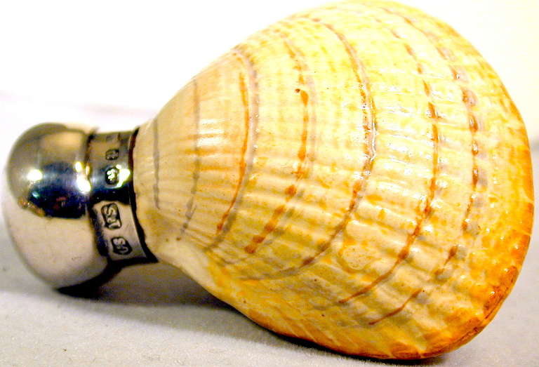 Ungewöhnliches viktorianisches Porzellan-Parfümfläschchen in Form einer Muschelschale. Der Silberdeckel ist mit den Punzen von Sanders und Shepherd und dem Datumsbuchstaben für 1889 versehen. Die Flasche ist 2