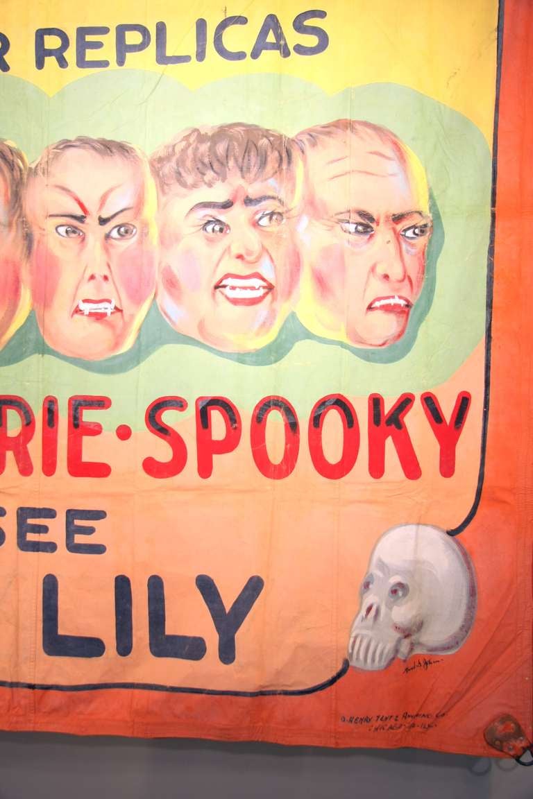 This is a large sideshow banner painted by Chicago based Fred g Johnson in the 1960s. Originally commissioned by minister Harold J Potter. Harold Potter used to perform magic tricks in and outside of the church, soon producing a sideshow, in which