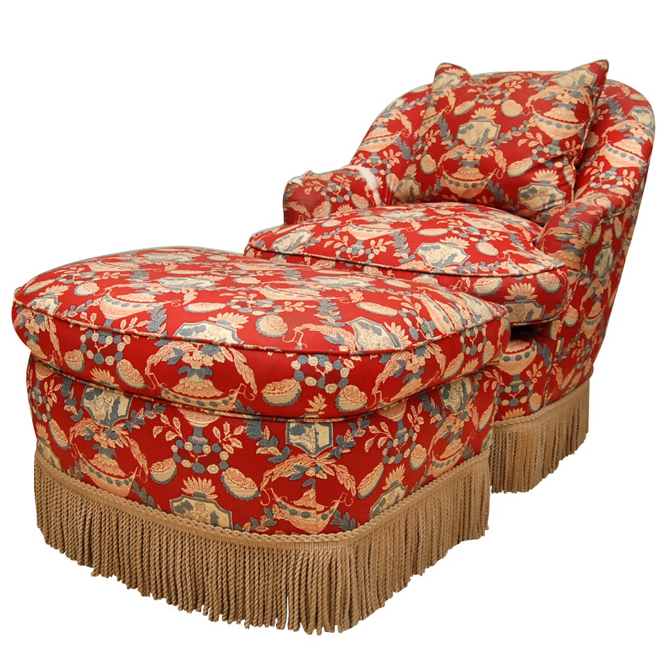 Victorian style chintz upholstered chair & ottoman .  Estate of Dominick Dunne For Sale