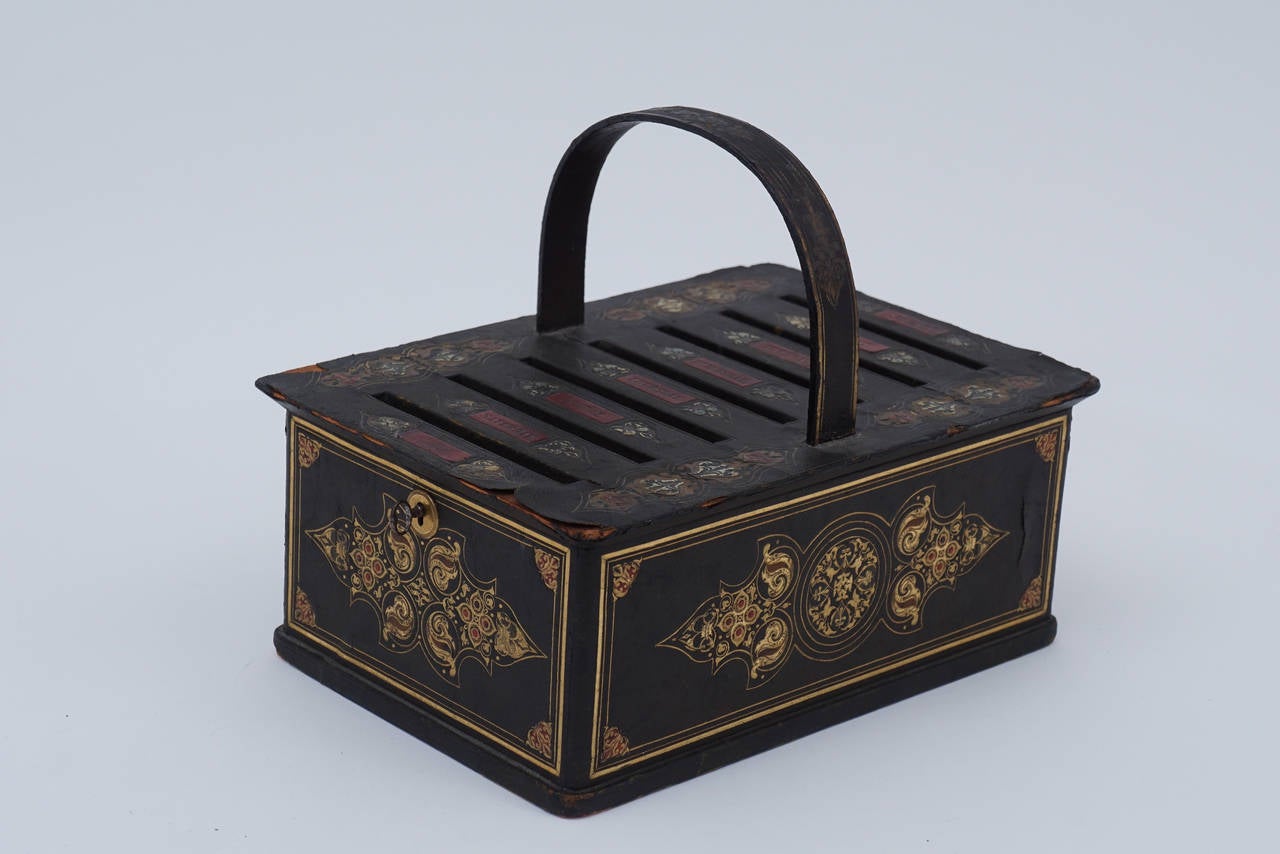 English Tooled Leather and Gilt Decorated Mail Box with Handle