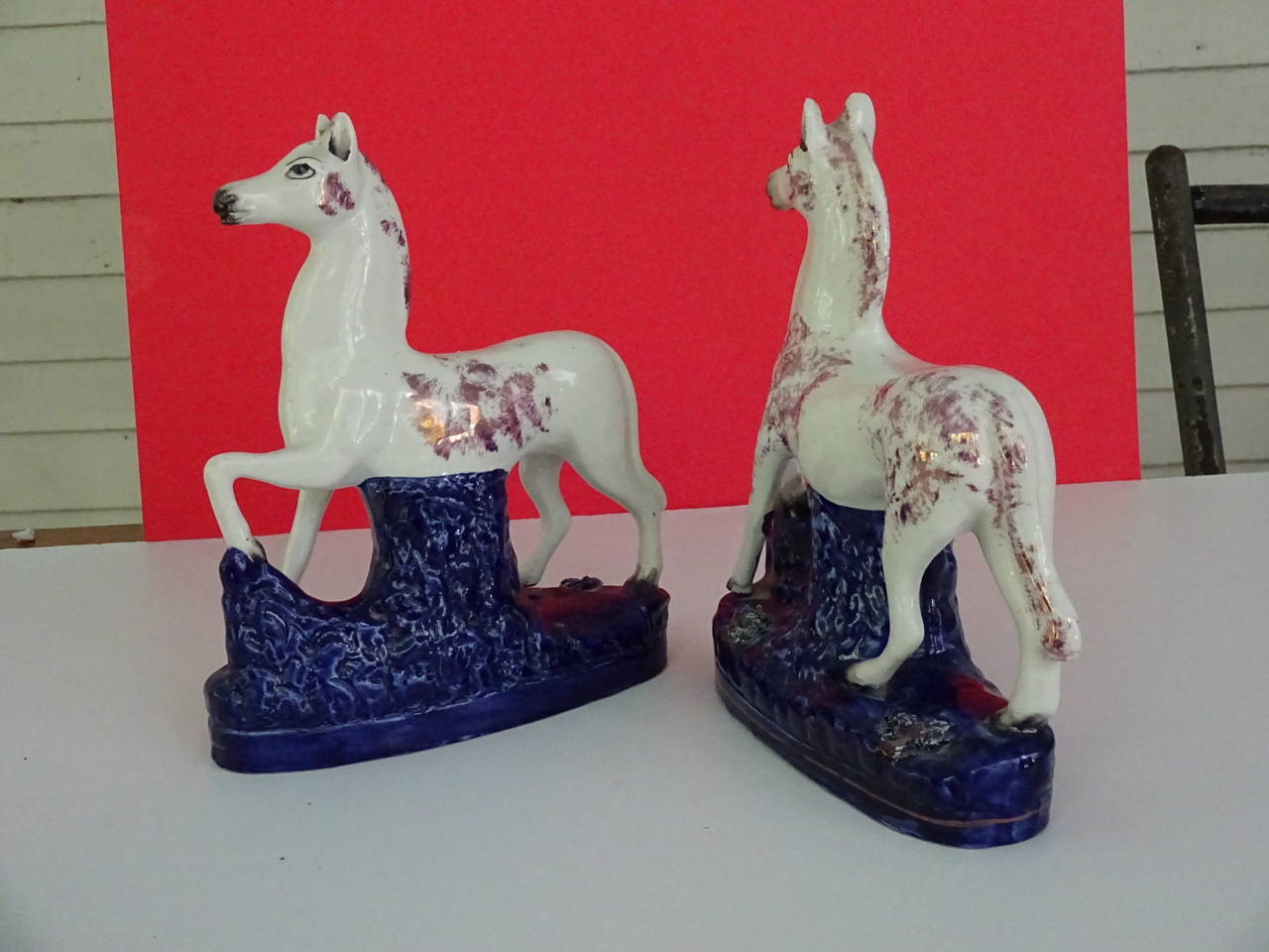 Late 19th Century Pair of Staffordshire prancing horses