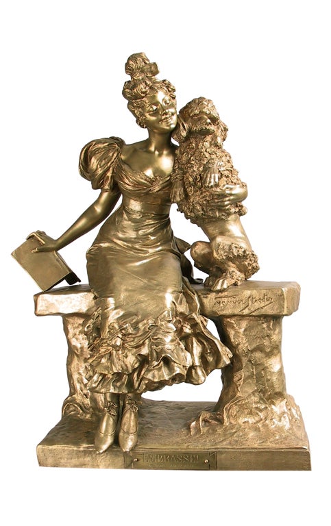 19th Century A Fine Patinated Bronze Of A Young Dancer With Her Pet Dog. For Sale