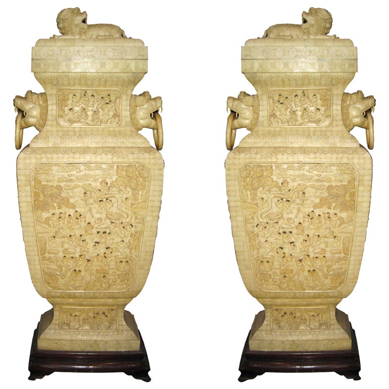 A Pair of 19th c. Monumental Bone Palace Jars For Sale