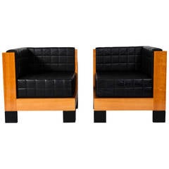 Vintage Pair of 1980s Cube Chairs in Walnut and Leather