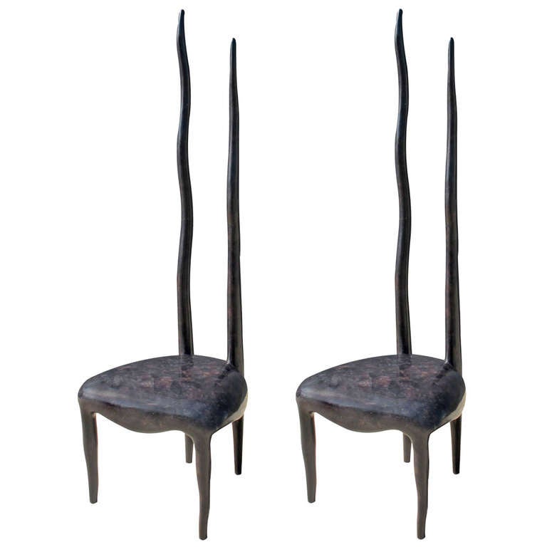 A Pair Of 1980s Sculptural Tortoise Shell Veneer Dining Chairs By R Y Augousti