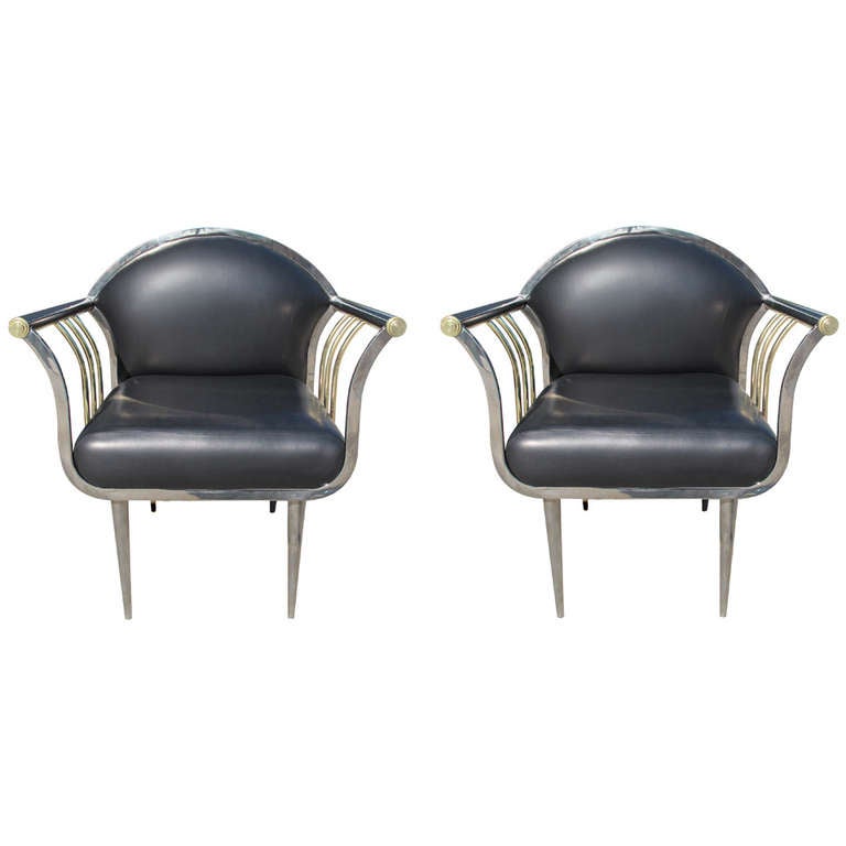 A Pair of Low Club Chairs in Chrome and Brass at 1stdibs