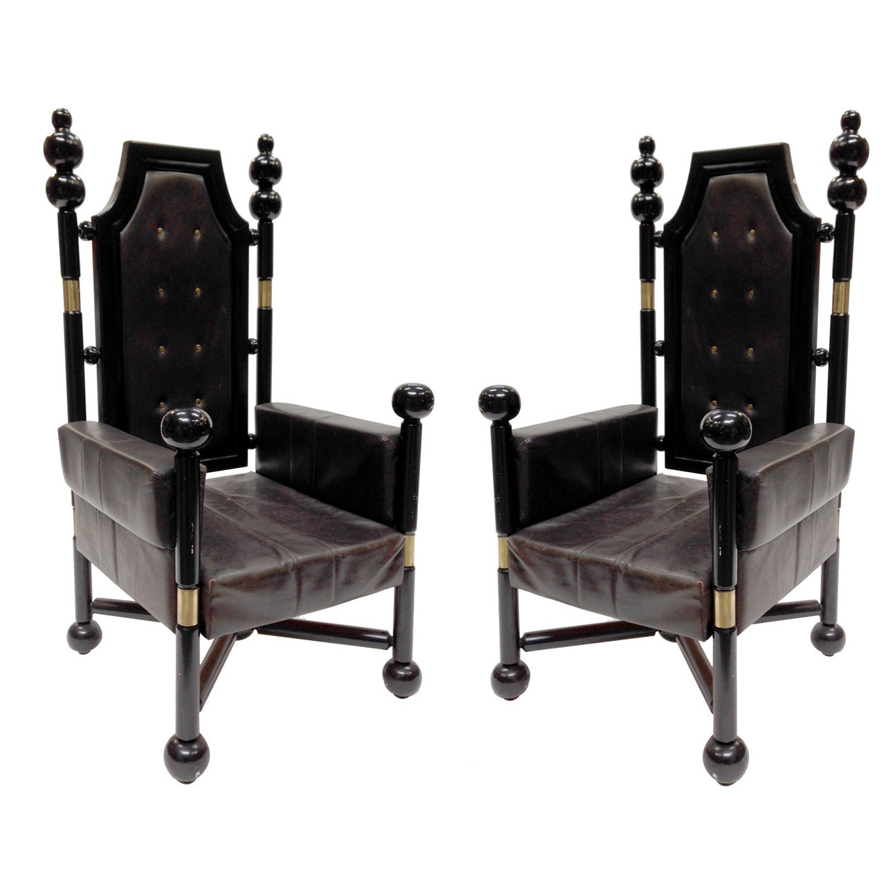 Pair of 1970s French Armchairs in Lacquer with Brass Detailing