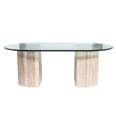 1980s Demilune Travertine Dining Table with Beveled Racetrack Glass Top