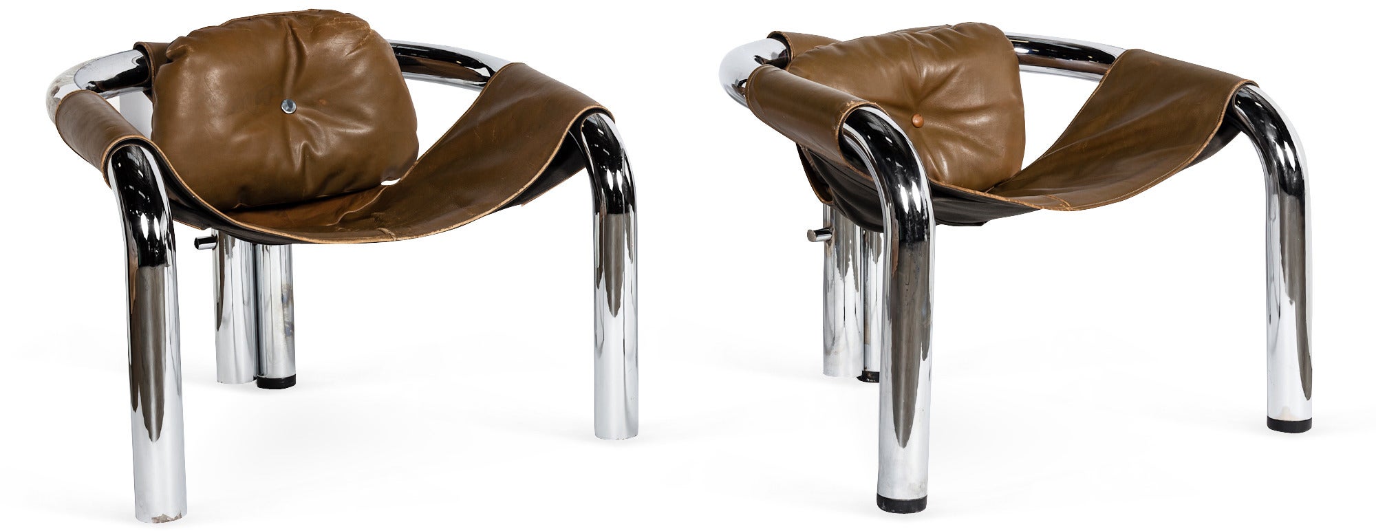 A Pair of 1970s Three Legged Chrome Sling Chairs