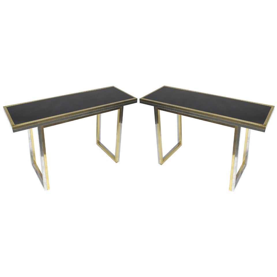 A Pair of French 1970s Brass and Chrome Console Tables