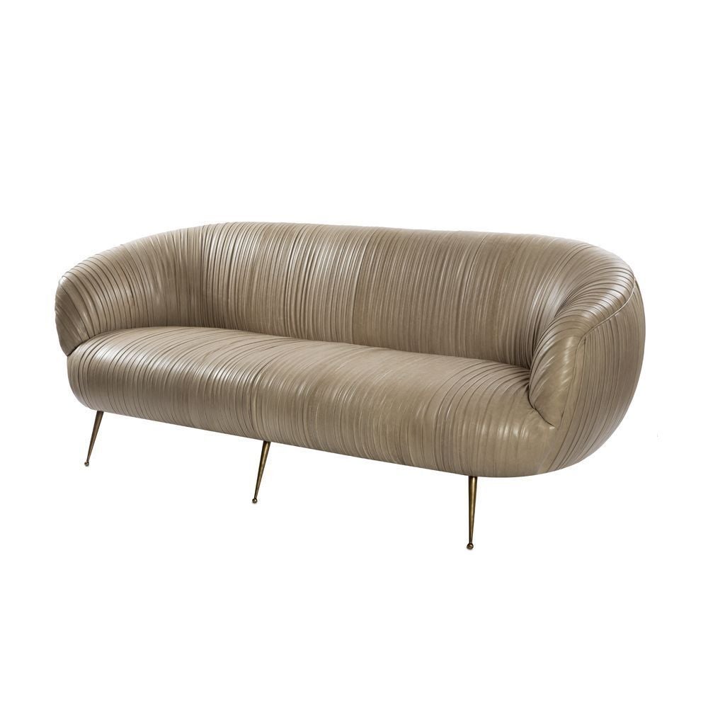 The delicate lines of this sofa are created by a signature ruched leather detail. The kiln-dried hardwood frame is double-doweled and glued, with eight-way hand-tied springs. Full-finish, vegetable dyed lambskin is hand-stitched on to the frame.