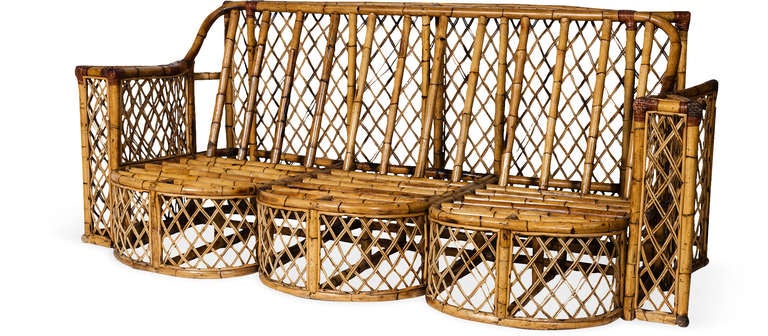 American French 1970s Lattice Rattan 3-Seat Scallop Front Sofa
