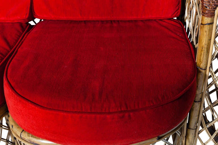 French 1970s Lattice Rattan 3-Seat Scallop Front Sofa 1
