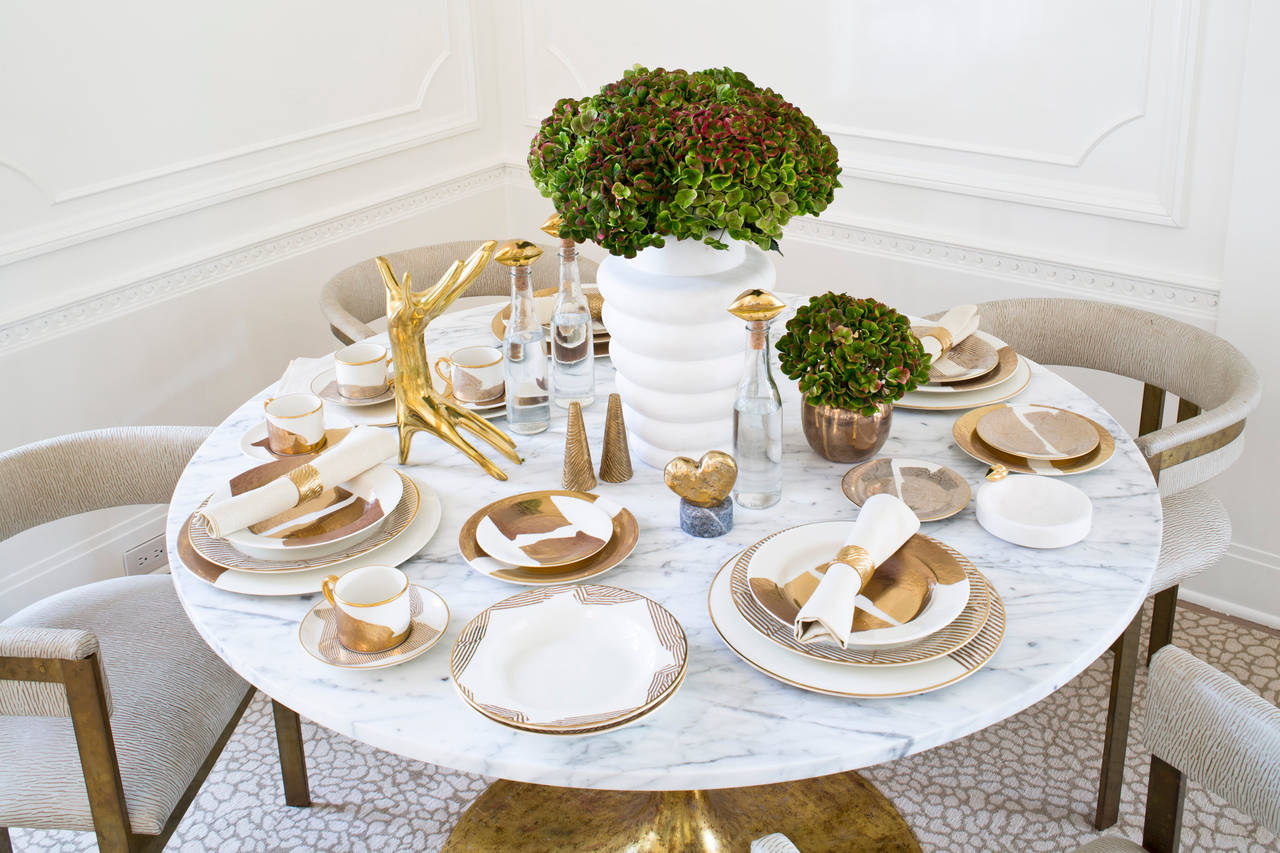 American Iris Dining Table in Carrera Marble For Sale