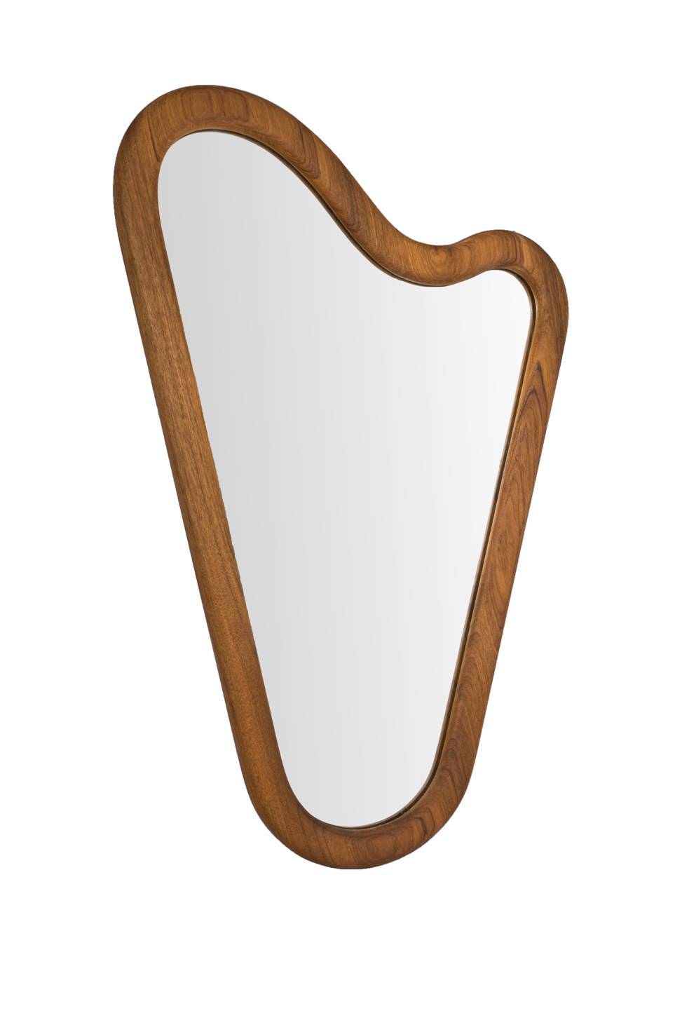 This delicate harp-shaped vanity or bathroom mirror is framed in a solid piece of American Walnut, hand-sanded and stained. 

The Teague Mirror can be made to custom sizes. Hand crafted in our Los Angeles workshop.
