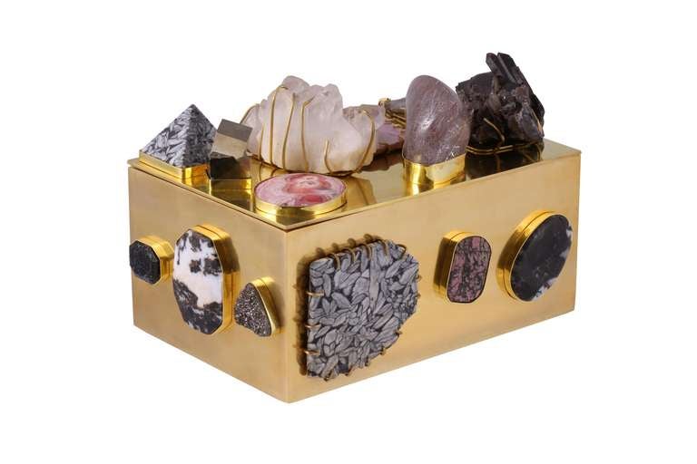 Mixed Pyrite, Quartz and Rhodonite Bauble Box by Kelly Wearstler. USA, 2013. Handcrafted by artisans in Los Angeles each one-of-a-kind Super Luxe bauble box features stones and minerals hand-picked by Kelly from around the world. Dazzlingly rich and