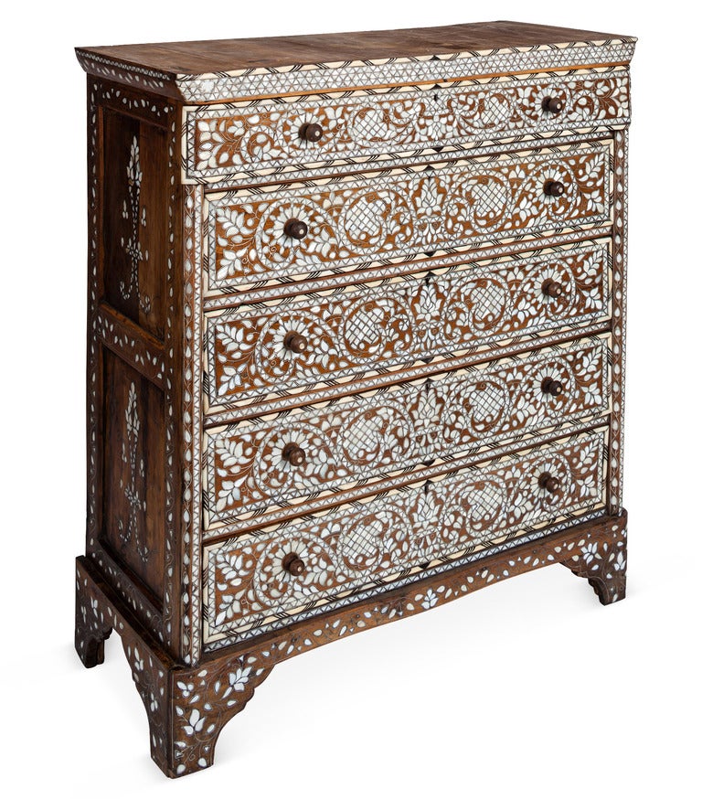 An Ornate Mother-of-Pearl and Bone Inlay Dresser. FRANCE, c.1930s. This gorgeous and incredibly ornate dresser is covered in floral pattern inlay work and exhibits an incredibly high level of craftsmanship. Dresser has five drawers and an unfinished