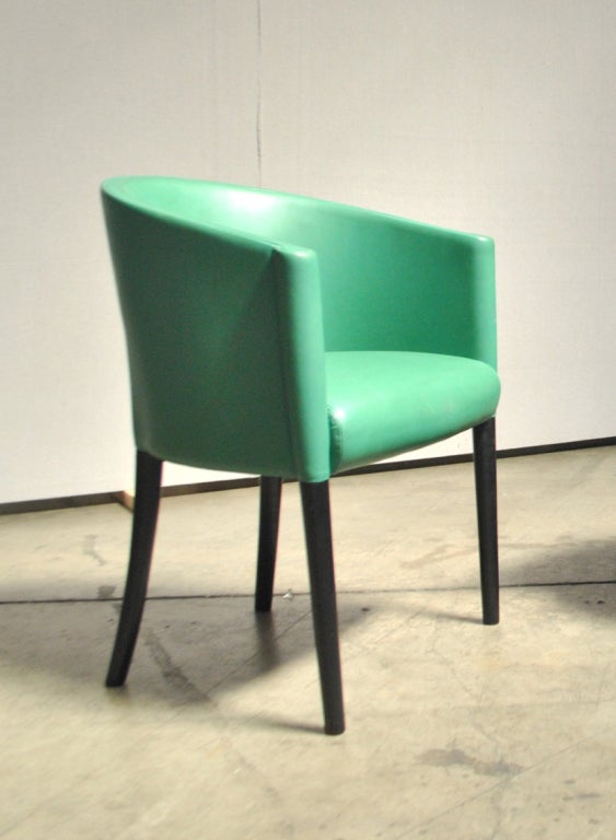 A Chair and Loveseat Set by Moroso. ITA c. 1980s. A beautifully proportioned chair and loveseat set upholstered in supple emerald lamb. Comfortable and well constructed with original Moroso tags.
