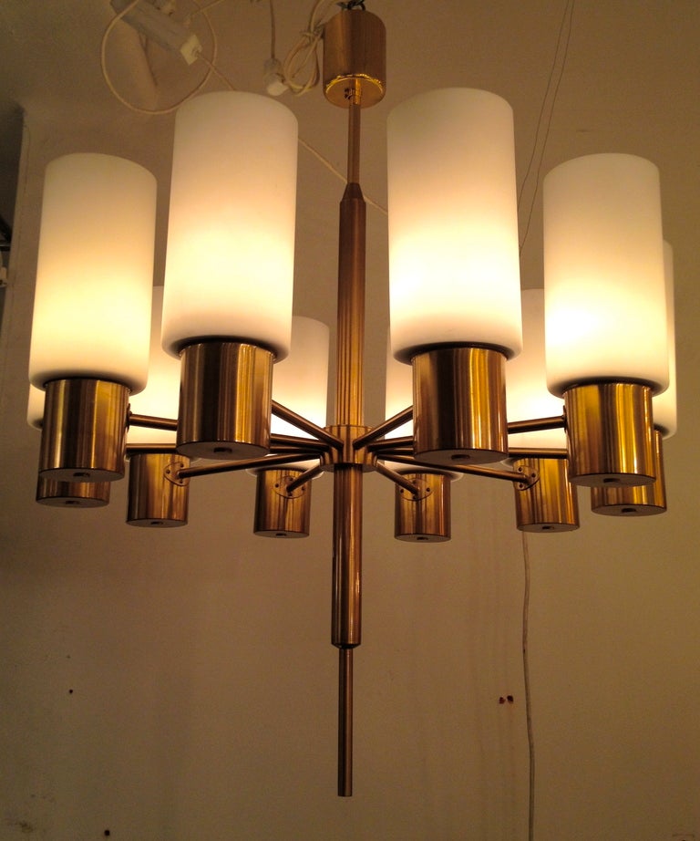 Scandinavian Modern Very Elegant Brass & Opaline Glass 10-Light Chandelier by LUXUS For Sale