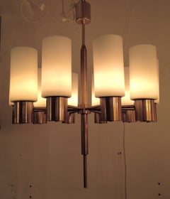 Very Elegant Brass & Opaline Glass 10-Light Chandelier by LUXUS