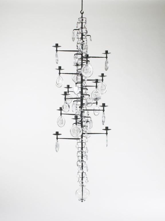 Rare 16 Arm Clear-Glass Wrought-Iron Chandelier